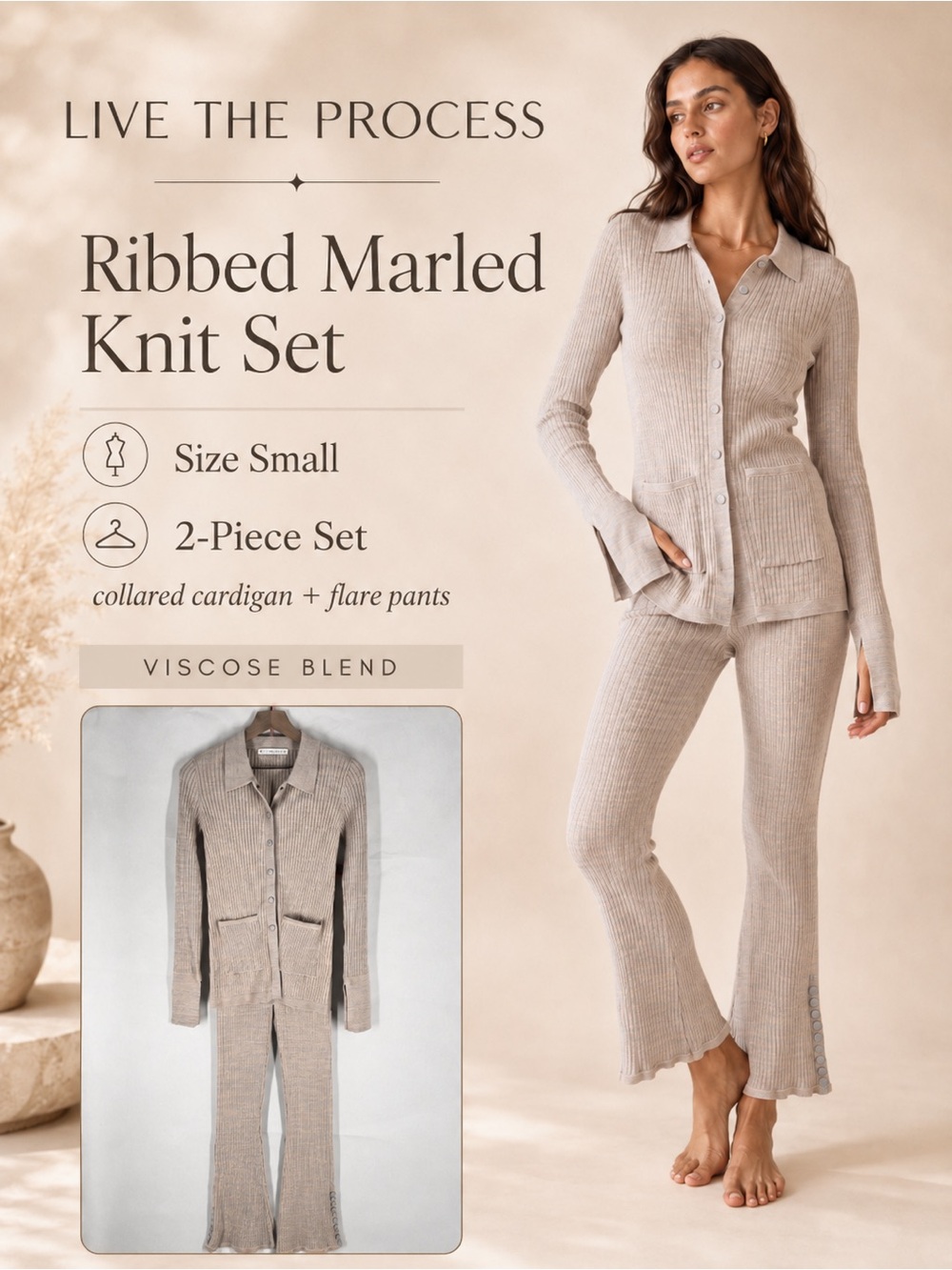 Live The Process Ribbed Henley Knit Top — Soft Beige Heather